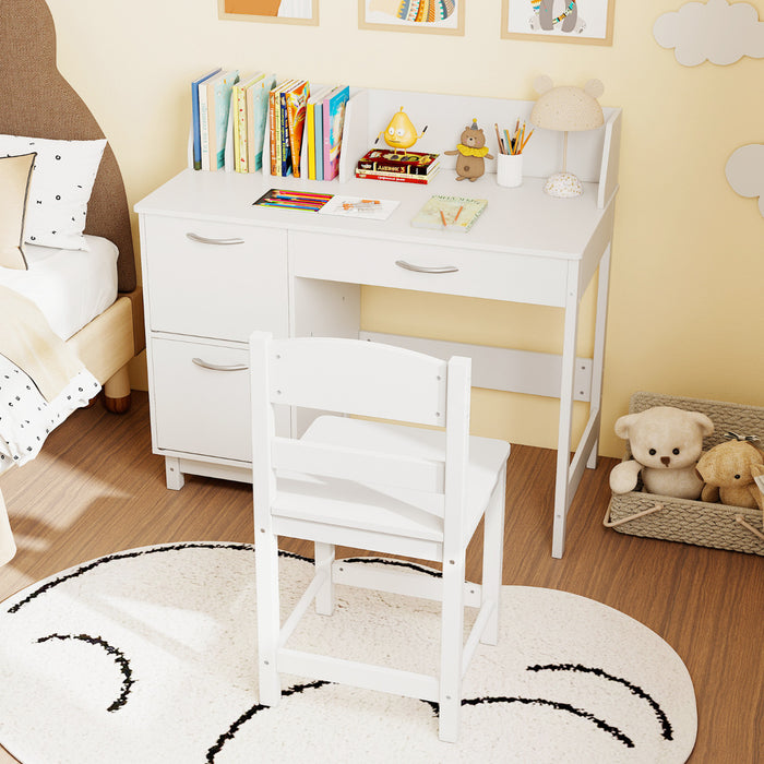 Kid's Study Desk and Chair Set with Deep Drawer and Enclosed Cabinets-