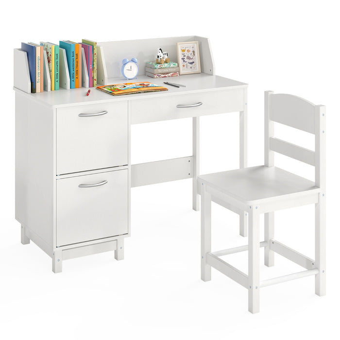Kid's Study Desk and Chair Set with Deep Drawer and Enclosed Cabinets-