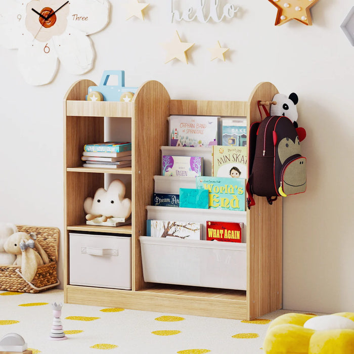 Kids Bookshelf with Full-Length Mirror and 4-Tier Sling Shelves-White
