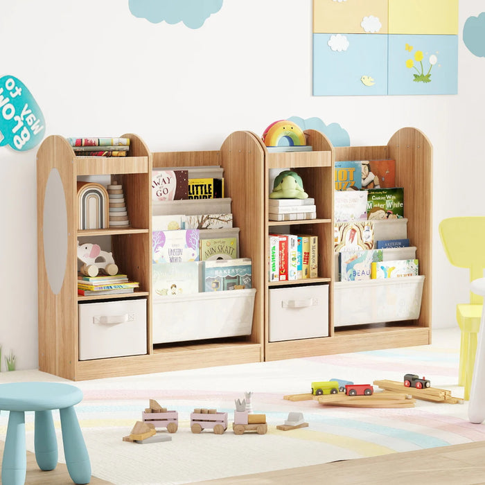 Kids Bookshelf with Full-Length Mirror and 4-Tier Sling Shelves-White