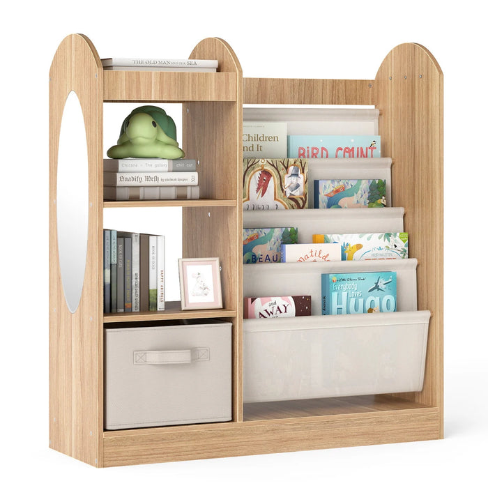 Kids Bookshelf with Full-Length Mirror and 4-Tier Sling Shelves-White