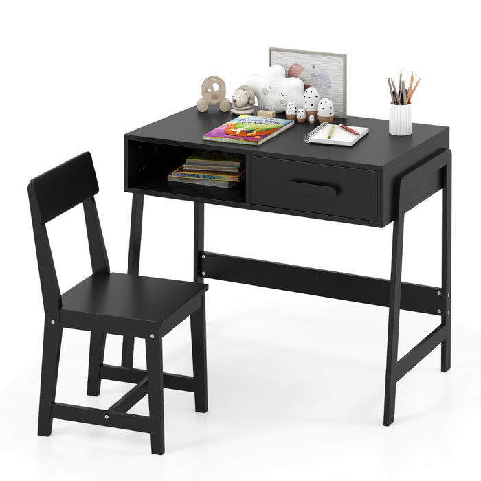 Kids Desk and Chair Set with Drawer and Pine Wood Legs-