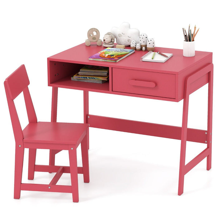 Kids Desk and Chair Set with Drawer and Pine Wood Legs-