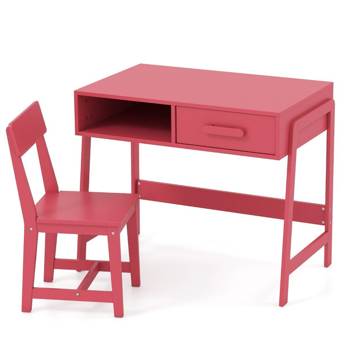 Kids Desk and Chair Set with Drawer and Pine Wood Legs-