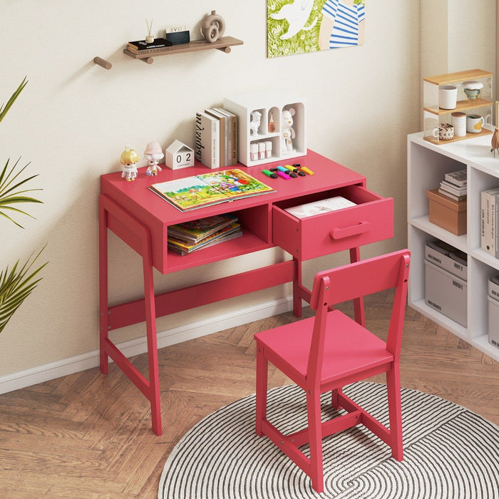 Kids Desk and Chair Set with Drawer and Pine Wood Legs-