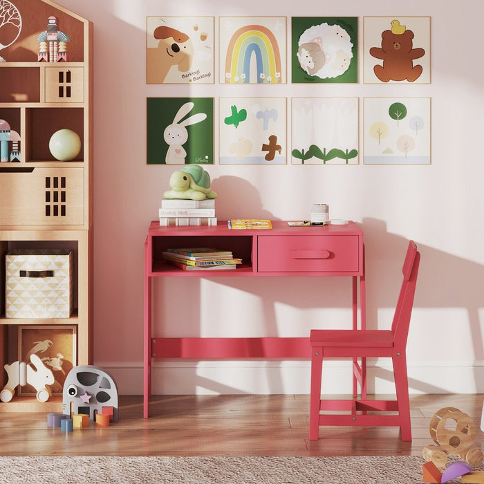 Kids Desk and Chair Set with Drawer and Pine Wood Legs-