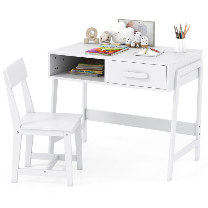Kids Desk and Chair Set with Drawer and Pine Wood Legs-