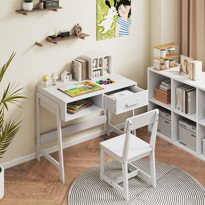 Kids Desk and Chair Set with Drawer and Pine Wood Legs-