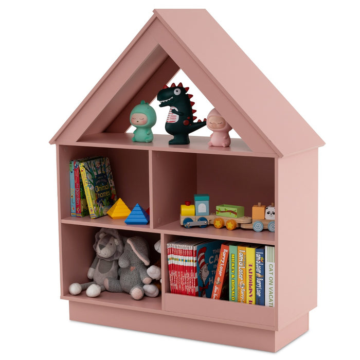 Kids Dollhouse Bookshelf with Anti-toppling Devices and 3-Tier Open Display Shelf for Toddlers-Pink