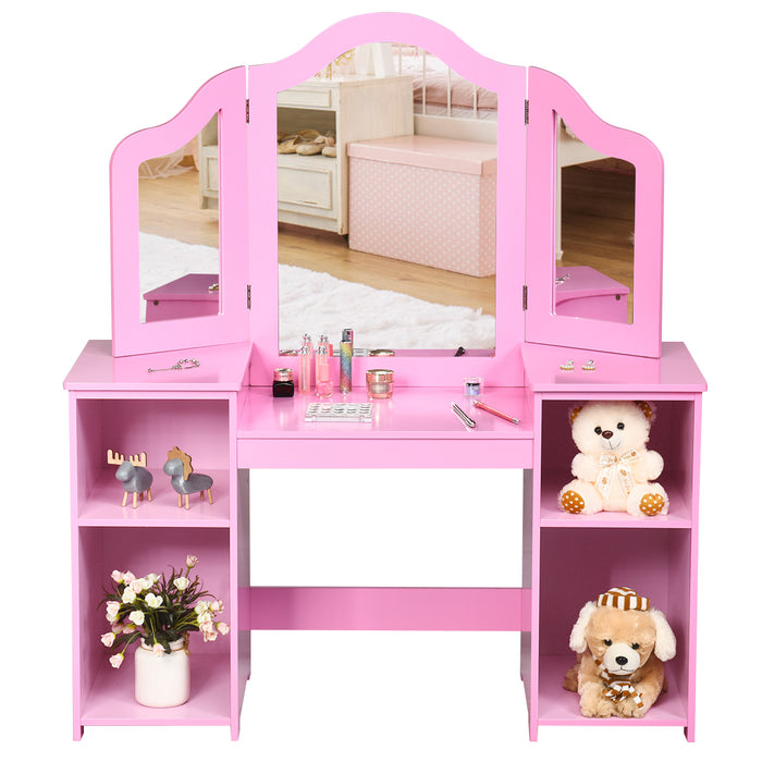 Kids Dressing Table with Foldable and Removable Mirror and Storage Shelf-