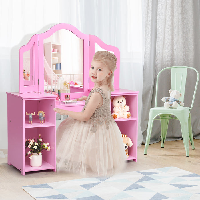 Kids Dressing Table with Foldable and Removable Mirror and Storage Shelf-
