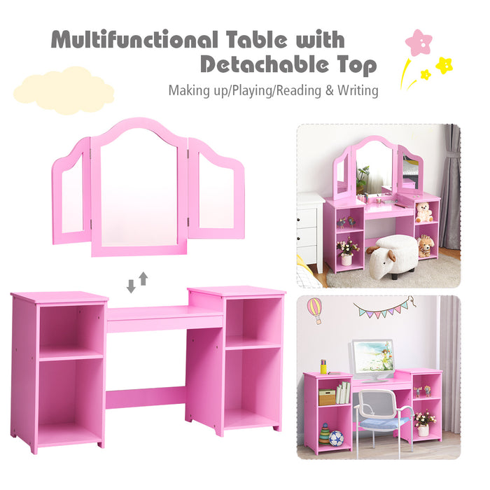 Kids Dressing Table with Foldable and Removable Mirror and Storage Shelf-