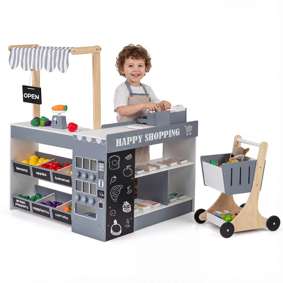 Grocery Wooden Pretend Play Supermarket with Shopping Cart-