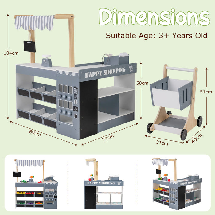 Grocery Wooden Pretend Play Supermarket with Shopping Cart-