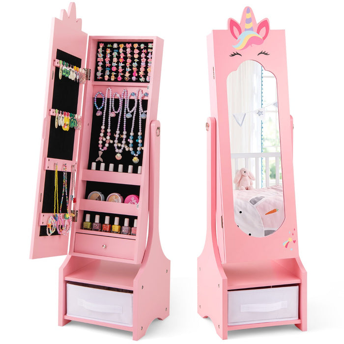 Kids Jewelry Cabinet with Full-Length Mirror and Foldable Drawer-
