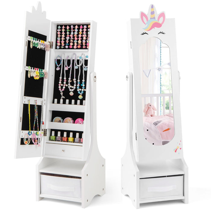 Kids Jewelry Cabinet with Full-Length Mirror and Foldable Drawer-