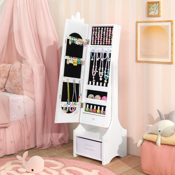 Kids Jewelry Cabinet with Full-Length Mirror and Foldable Drawer-
