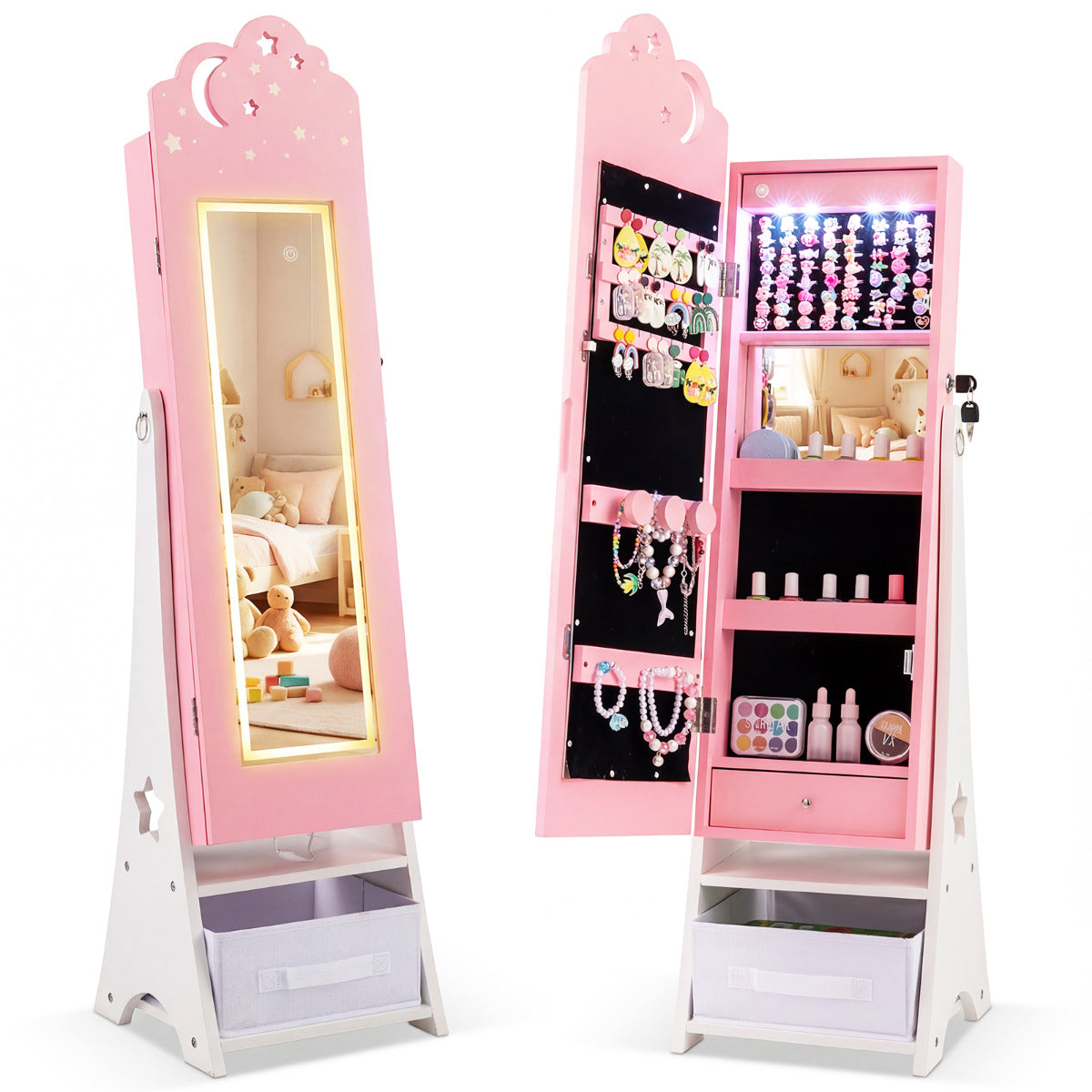 Kids Jewelry Cabinet with Sensor Lights and Full-Length Mirror-Pink