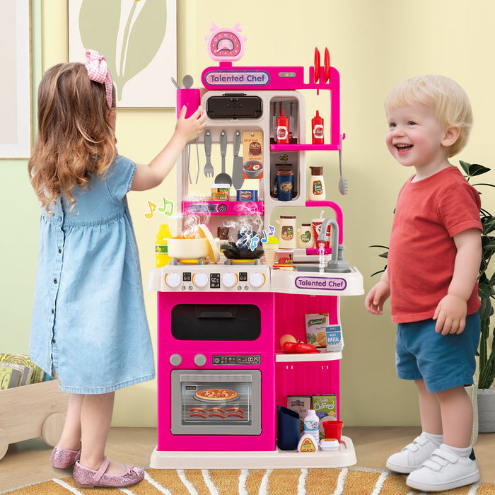 Kids Kitchen Playset Pretend Play Kitchen with Realistic Sounds and Lights-Pink