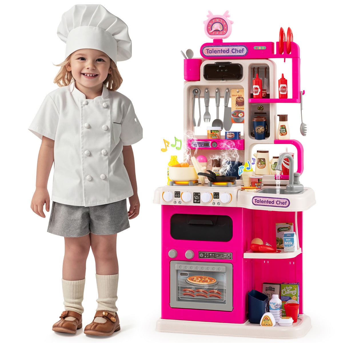 Kids Kitchen Playset Pretend Play Kitchen with Realistic Sounds and Lights-Pink
