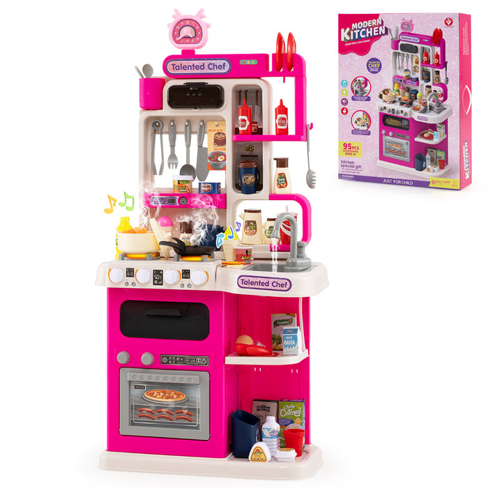 Kids Kitchen Playset Pretend Play Kitchen with Realistic Sounds and Lights-Pink
