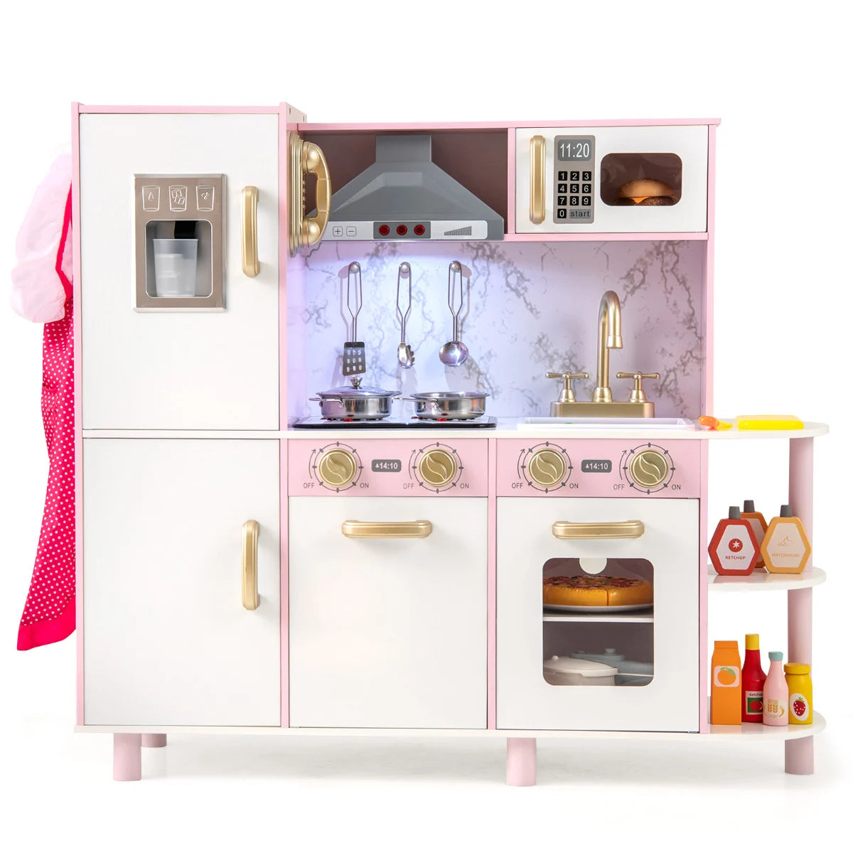 Kids Kitchen Playset Pretend Wooden Play Kitchen with Apron for 3+ Years Old-