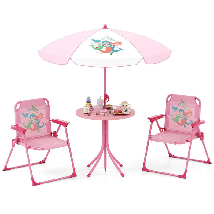 Kids Picnic Table and Chair Set with 2 Folding Chairs and Height Adjustable Umbrella-