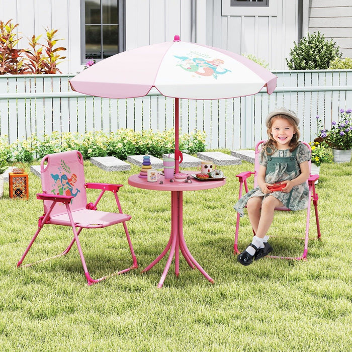 Kids Picnic Table and Chair Set with 2 Folding Chairs and Height Adjustable Umbrella-