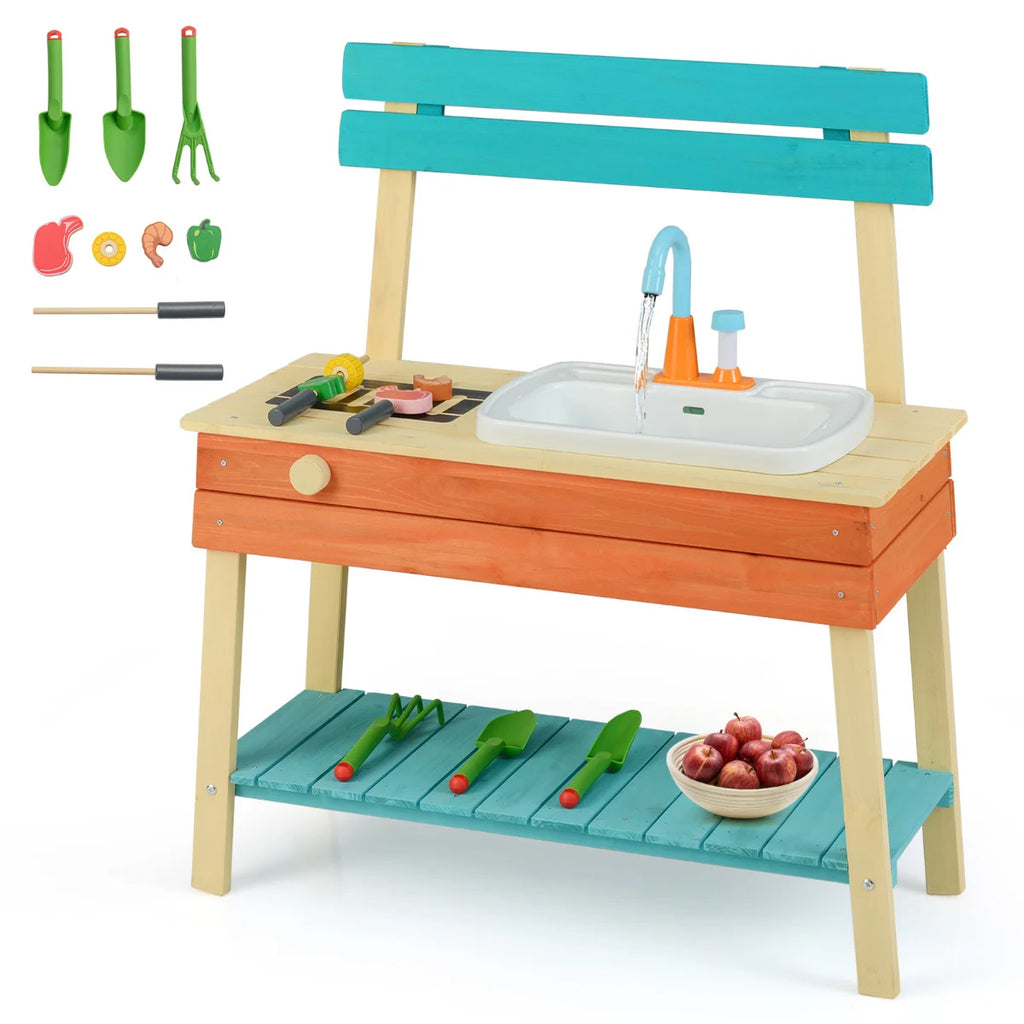 Kids Play Kitchen Set Wooden Kitchen Playset with Cooking & Gardening Accessories-