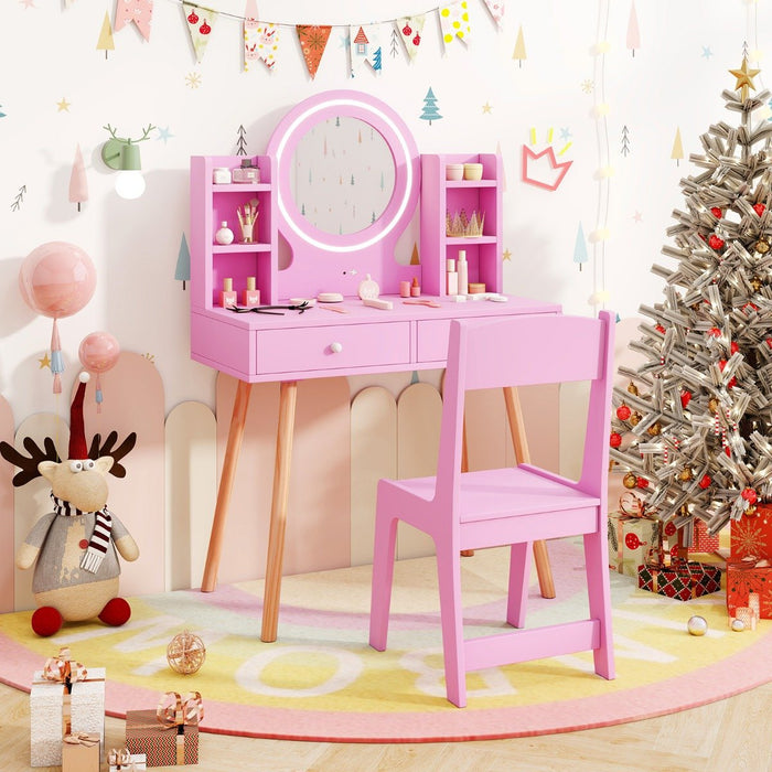 Kids Princess Vanity Desk Set with 2-Color LED Lighted Acrylic Mirror-White