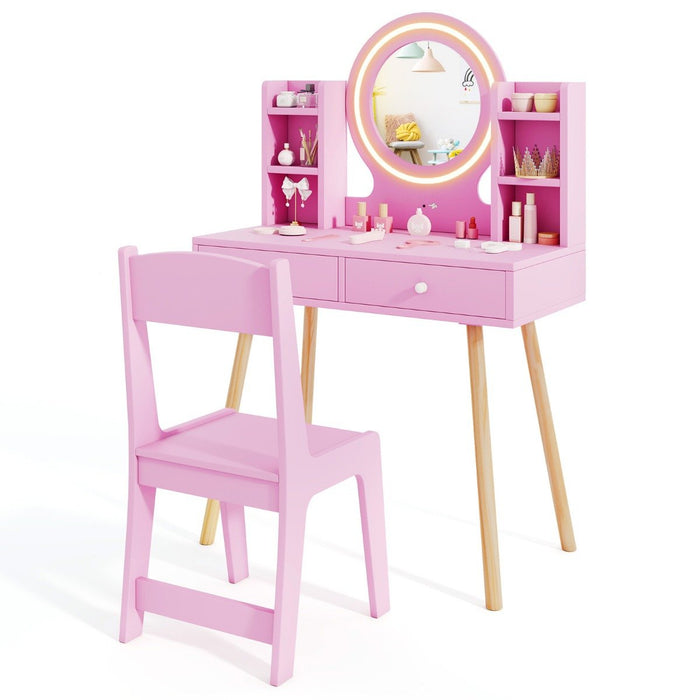 Kids Princess Vanity Desk Set with 2-Color LED Lighted Acrylic Mirror-White