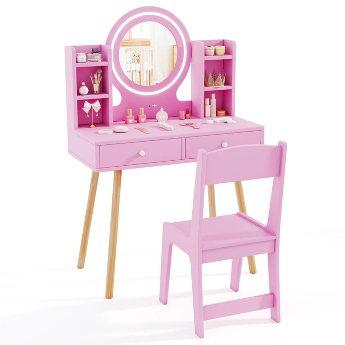 Kids Princess Vanity Desk Set with 2-Color LED Lighted Acrylic Mirror-White