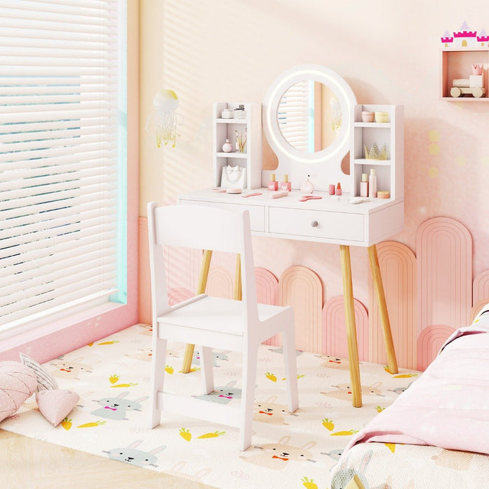 Kids Princess Vanity Desk Set with 2-Color LED Lighted Acrylic Mirror-White