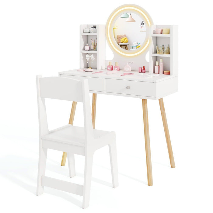 Kids Princess Vanity Desk Set with 2-Color LED Lighted Acrylic Mirror-White