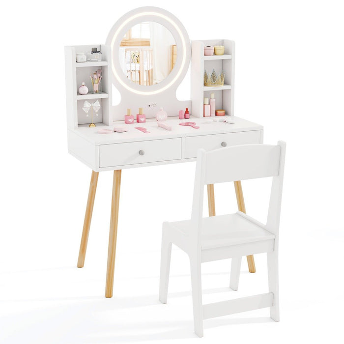 Kids Princess Vanity Desk Set with 2-Color LED Lighted Acrylic Mirror-White