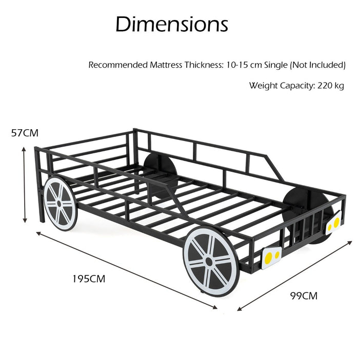 Kids Single Size Metal Car-Shaped Platform Bed Frame with Wheels-Black