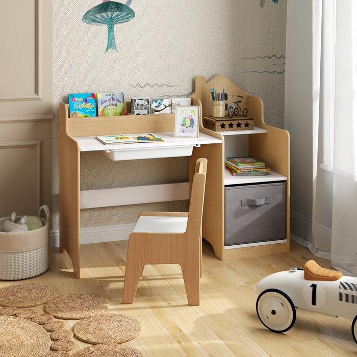 Kids Study Desk and Chair Set Children Study Table with Open Shelves-