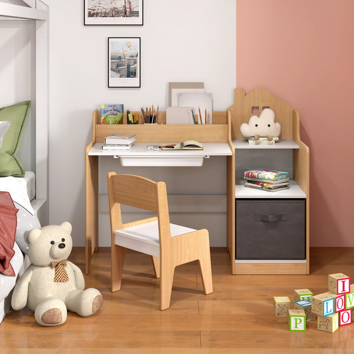 Kids Study Desk and Chair Set Children Study Table with Open Shelves-
