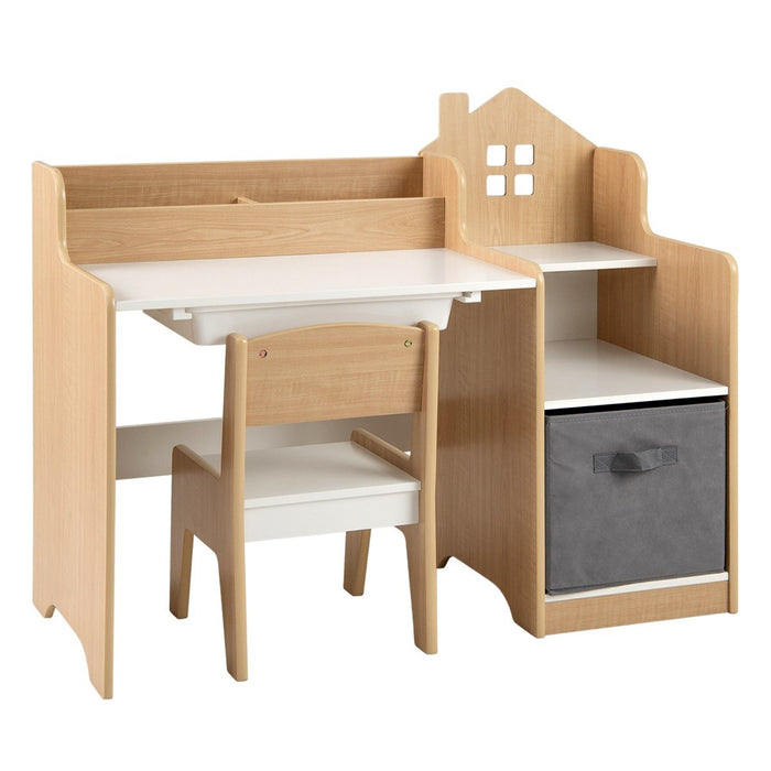 Kids Study Desk and Chair Set Children Study Table with Open Shelves-