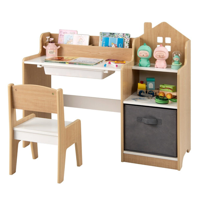 Kids Study Desk and Chair Set Children Study Table with Open Shelves-