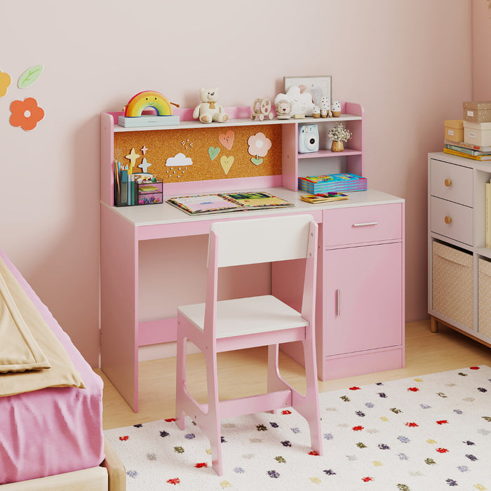 Kids Study Desk and Chair Set with Shelves and Storage Cabinet-