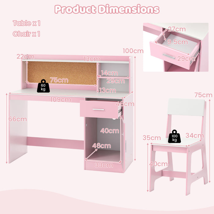 Kids Study Desk and Chair Set with Shelves and Storage Cabinet-