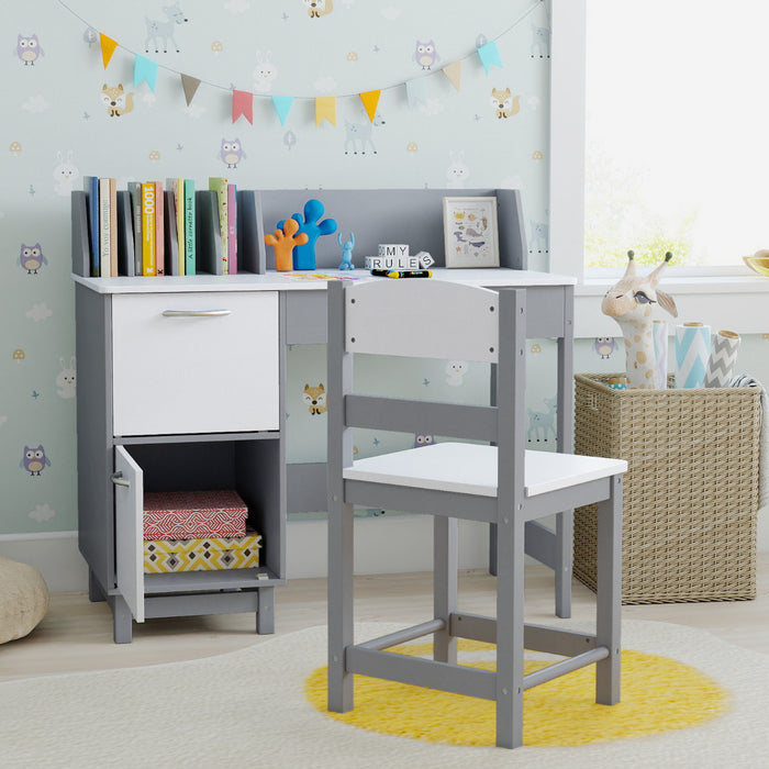Kid's Study Desk and Chair Set with Deep Drawer and Enclosed Cabinets-
