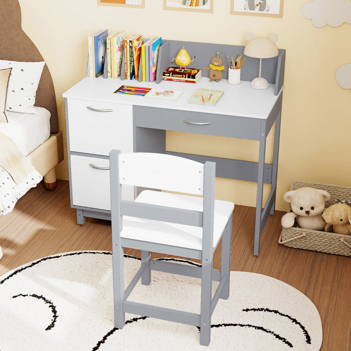 Kid's Study Desk and Chair Set with Deep Drawer and Enclosed Cabinets-