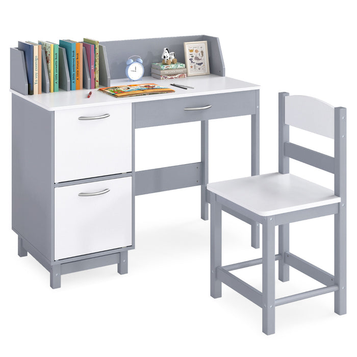 Kid's Study Desk and Chair Set with Deep Drawer and Enclosed Cabinets-