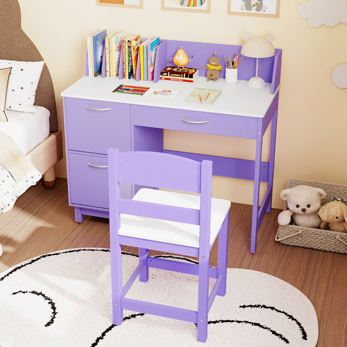 Kid's Study Desk and Chair Set with Deep Drawer and Enclosed Cabinets-