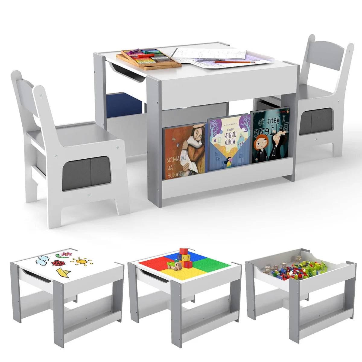 Kids Table and 2 Chairs Set Multifunctional Activity Table with Reversible Tabletop-