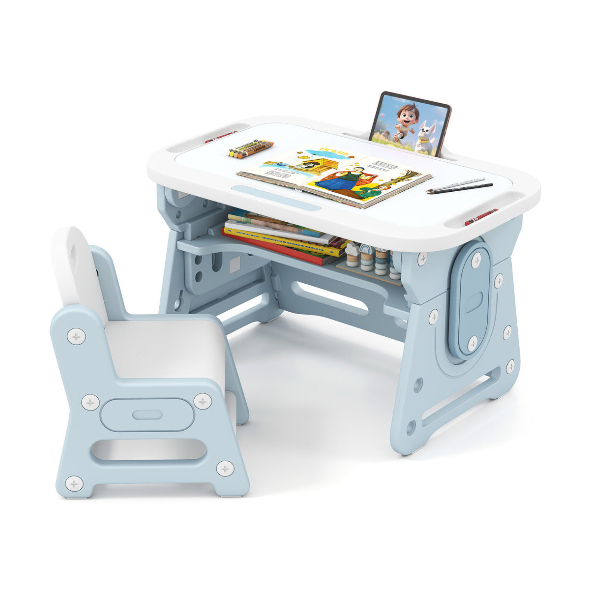 Kids Table and Chair Set with Tiltable Whiteboard and Book Stand-