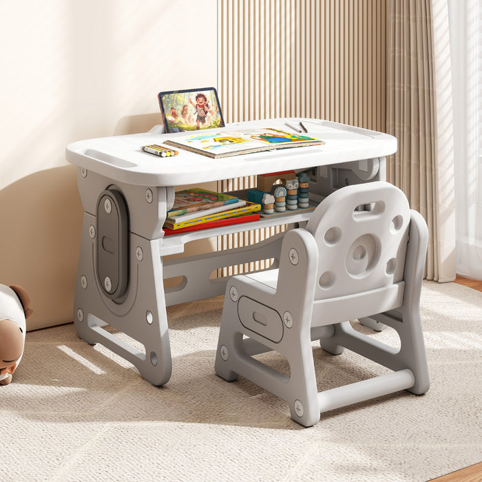 Kids Table and Chair Set with Tiltable Whiteboard and Book Stand-