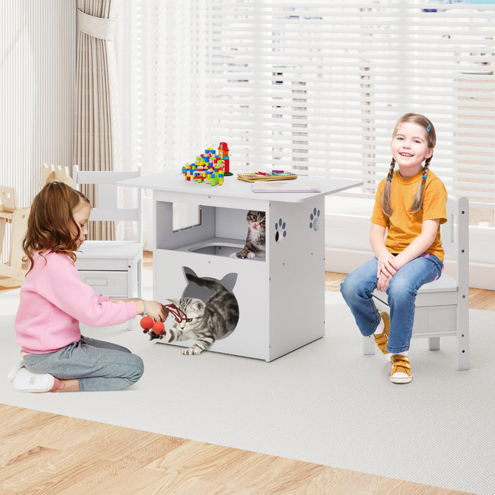 Kids Table and Chairs Set 3 Pieces Wooden Children Furniture with Cat House-